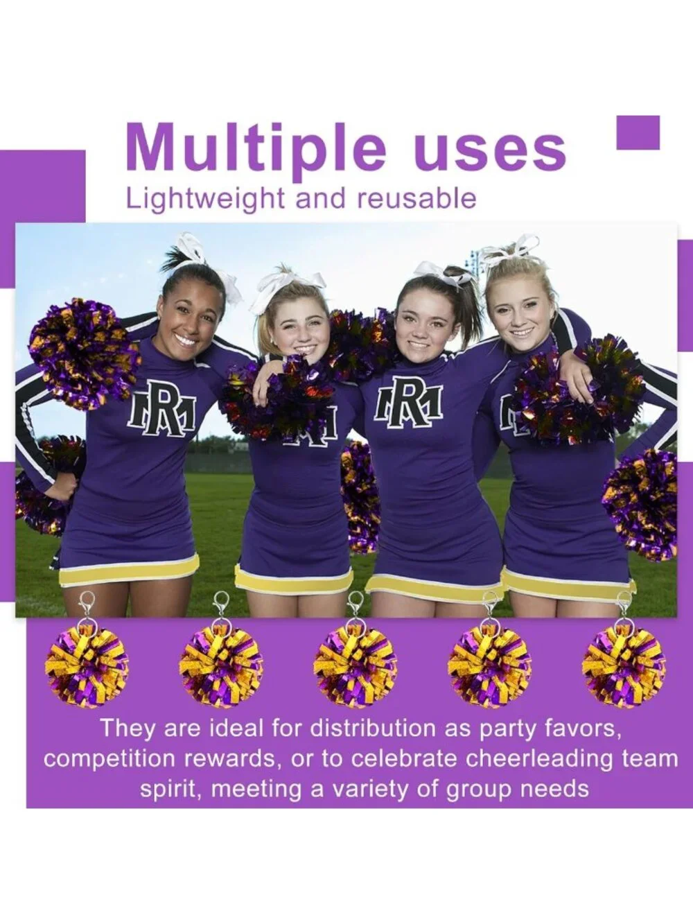 Cheerleader Pom Pom Keychain Set - 24 Colorful Foil Keyrings for Cheer Gifts